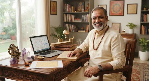सन्तोष गुरु - आफ्नो डेस्कमा न्यानो मुस्कानका साथ बसेका पेशेवर भारतीय ज्योतिष